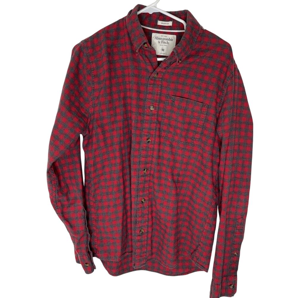 Abercrombie Fitch Flannel Plaid Large Shirt Red Black Button Muscle Pocket Men